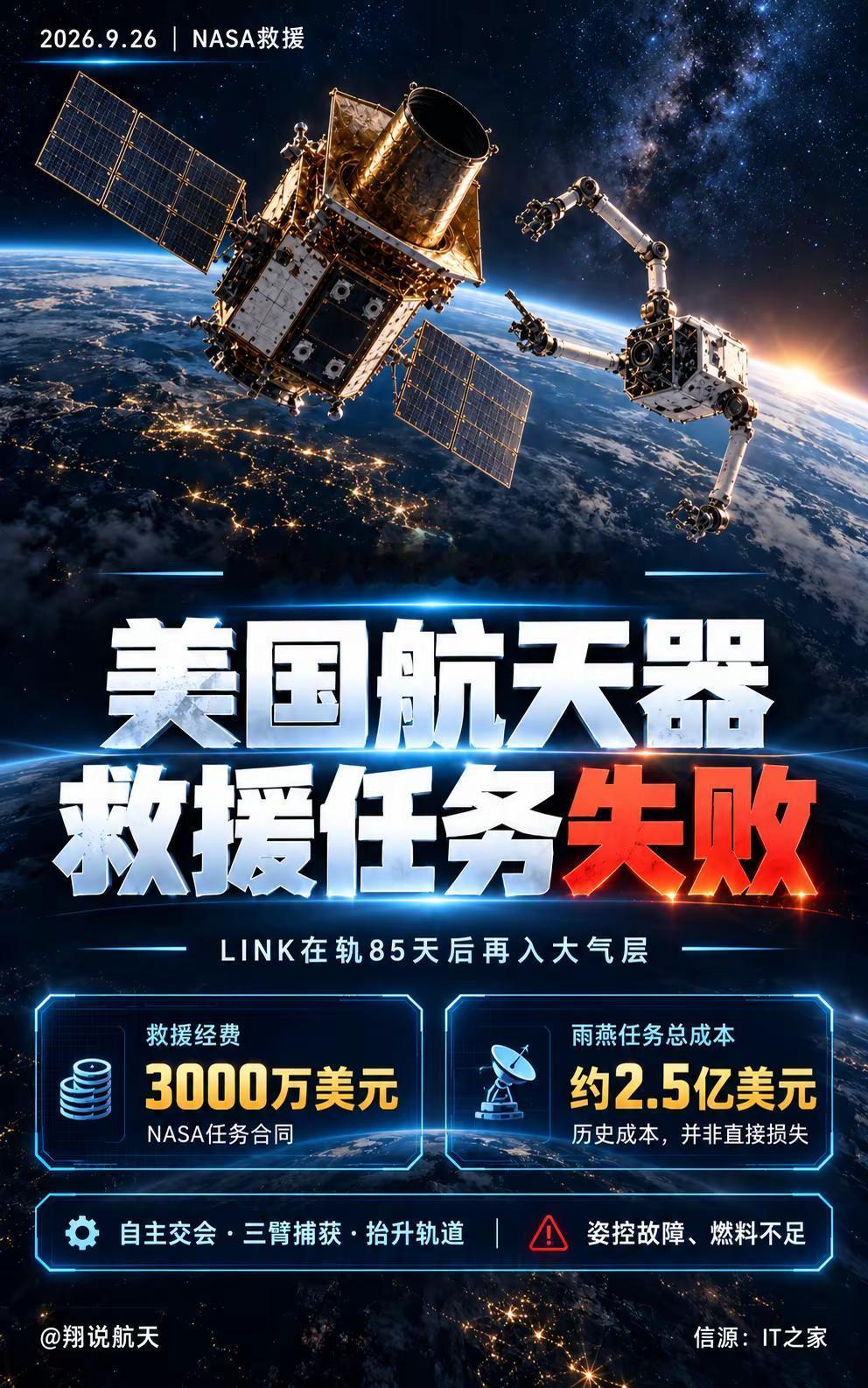 美国航天器太空救援失败。耗资3000万美元，也没能救回雨燕——尼尔·格雷尔