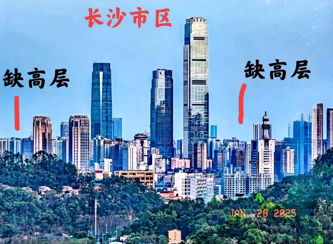 不同的角度看长沙，长沙城建确实不完美，这张长沙城区图片上画红线的地方就是缺少高层