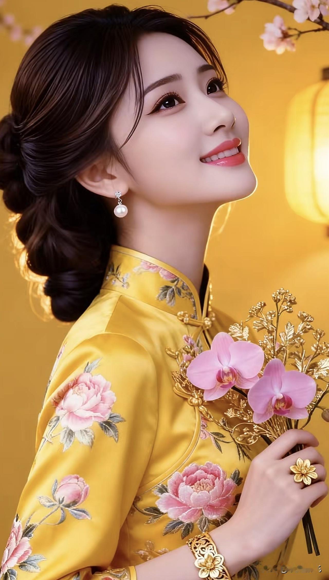 优雅东方美人，黄衣花枝，笑靥如花古典温婉美女气质红妆女子红衫美人气质红妆女