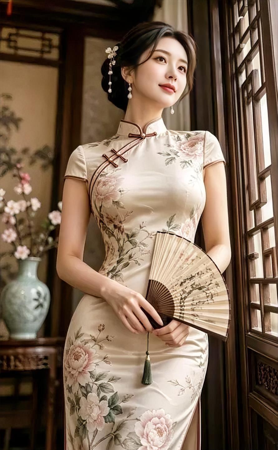 米白旗袍上，花开得刚刚好。木窗漏进光，你倚着静悄悄。折扇轻半拢，