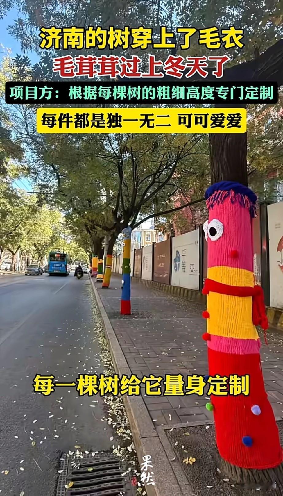 济南经四路1904吉庆里附近，25棵大树穿上了五彩手工“毛衣”。红黄绿配色亮眼，