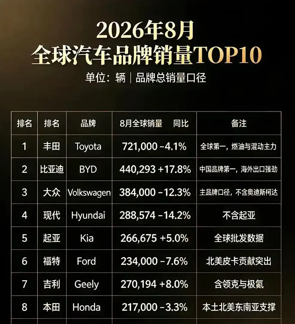 没想到吧！丰田又是位居销冠，比亚迪都靠后站！销量第一，当然说明丰田的底子还在，品牌口碑、耐用程度、维
