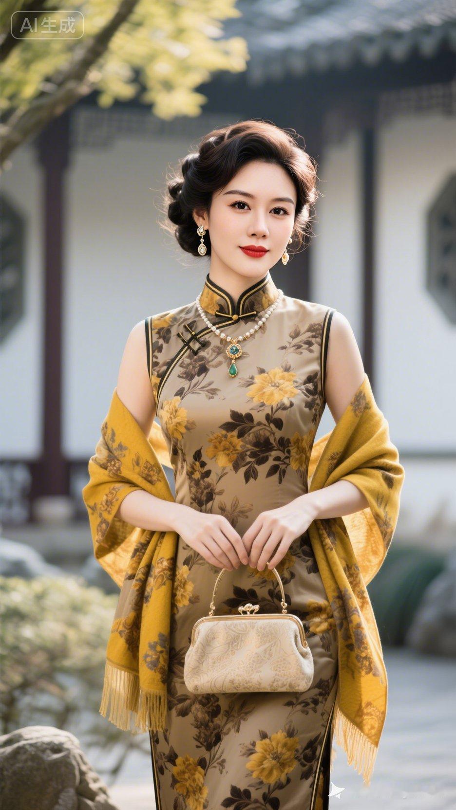 这位女士穿着复古旗袍，优雅迷人。