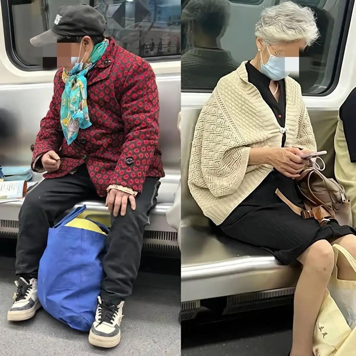 地铁上！一位约70岁的大妈在座位上左顾右盼，好奇的看着周围的一切！大妈戴着一顶黑