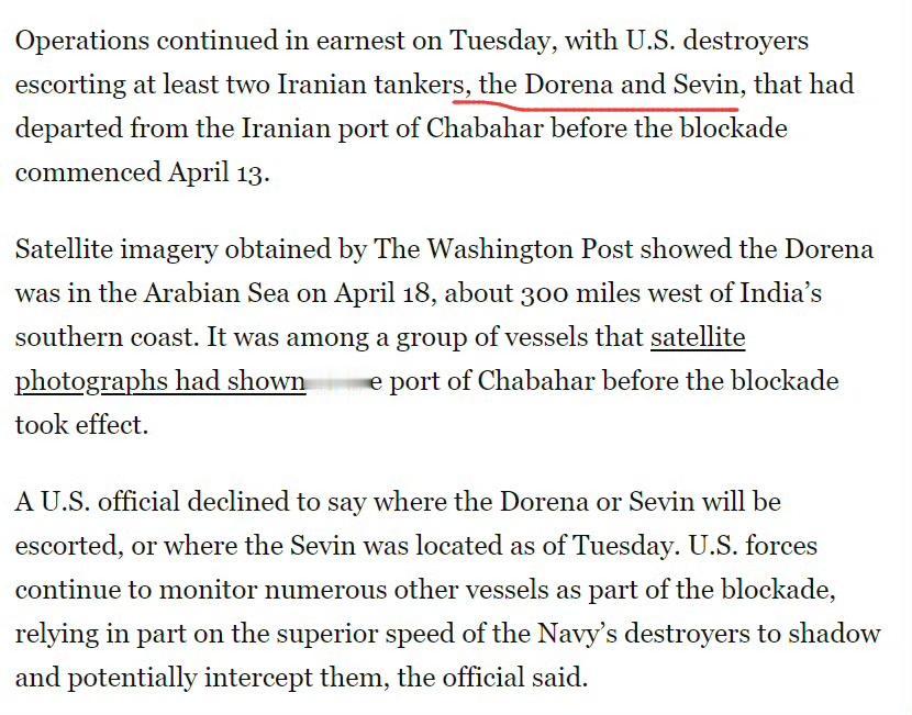 WP报道称，美军又抓了至少2艘伊朗油轮，分别是Sevin-9357353
