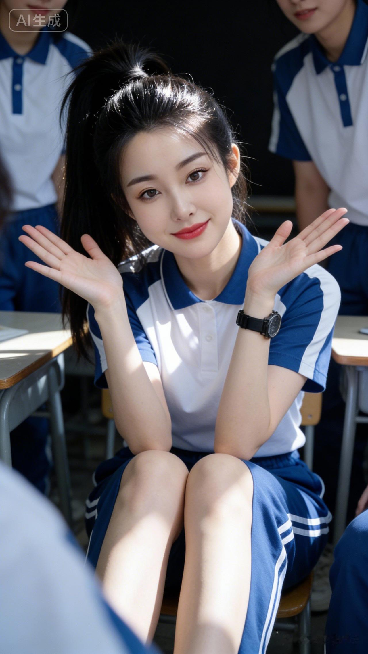 年轻美女梳高马尾蓝白校服，教室自然光下托举浅笑，发丝光斑驳，前后景虚化，同学环绕