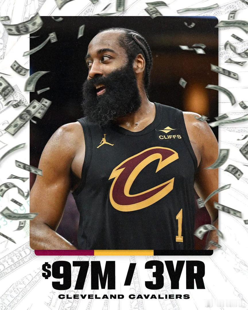 哈登的NBA生涯，钱、数据、个人荣誉几乎什么都有了。即将37岁的他再与骑士签下3年9700万美元合同