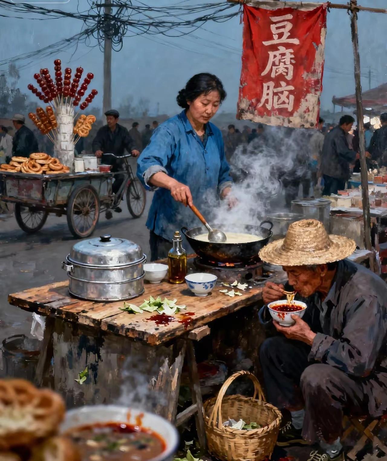 老灶腾烟豆腐香，长街早市客匆忙。竹篮盛得人间味，粗茶淡饭慢品尝。
