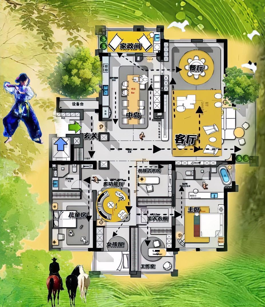 我必须说，半边公，半边私，才是一张美得超级有辨识度的户型，302㎡拥有独一无二的