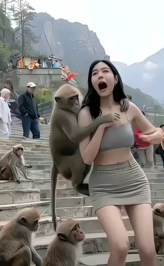 在峨眉山金顶风景区，一位年轻漂亮的女游客，在金顶欣赏云海的时候。一只热情好客，