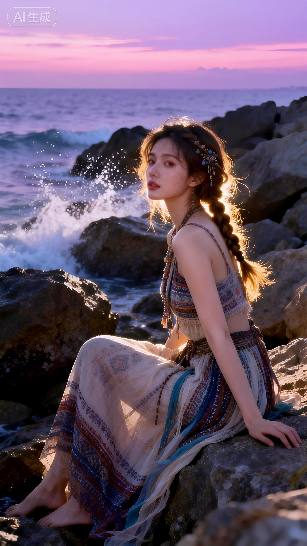 黄昏的海风轻拂，她身着波西米亚长裙站在礁石旁，发丝飞舞如诗如画。豆包即梦壁纸