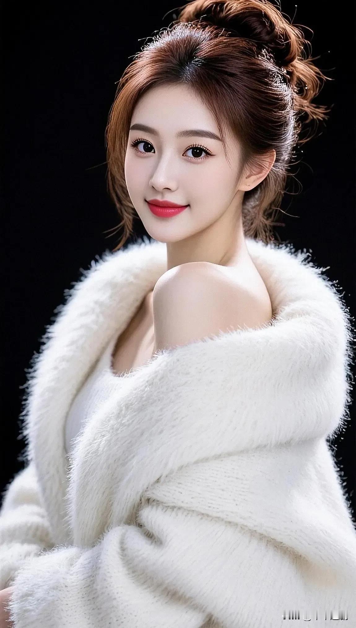  奶白毛绒披肩裹着柔润暖意，丸子头衬着红唇明艳，在纯黑背景里，把温柔与精致揉成了