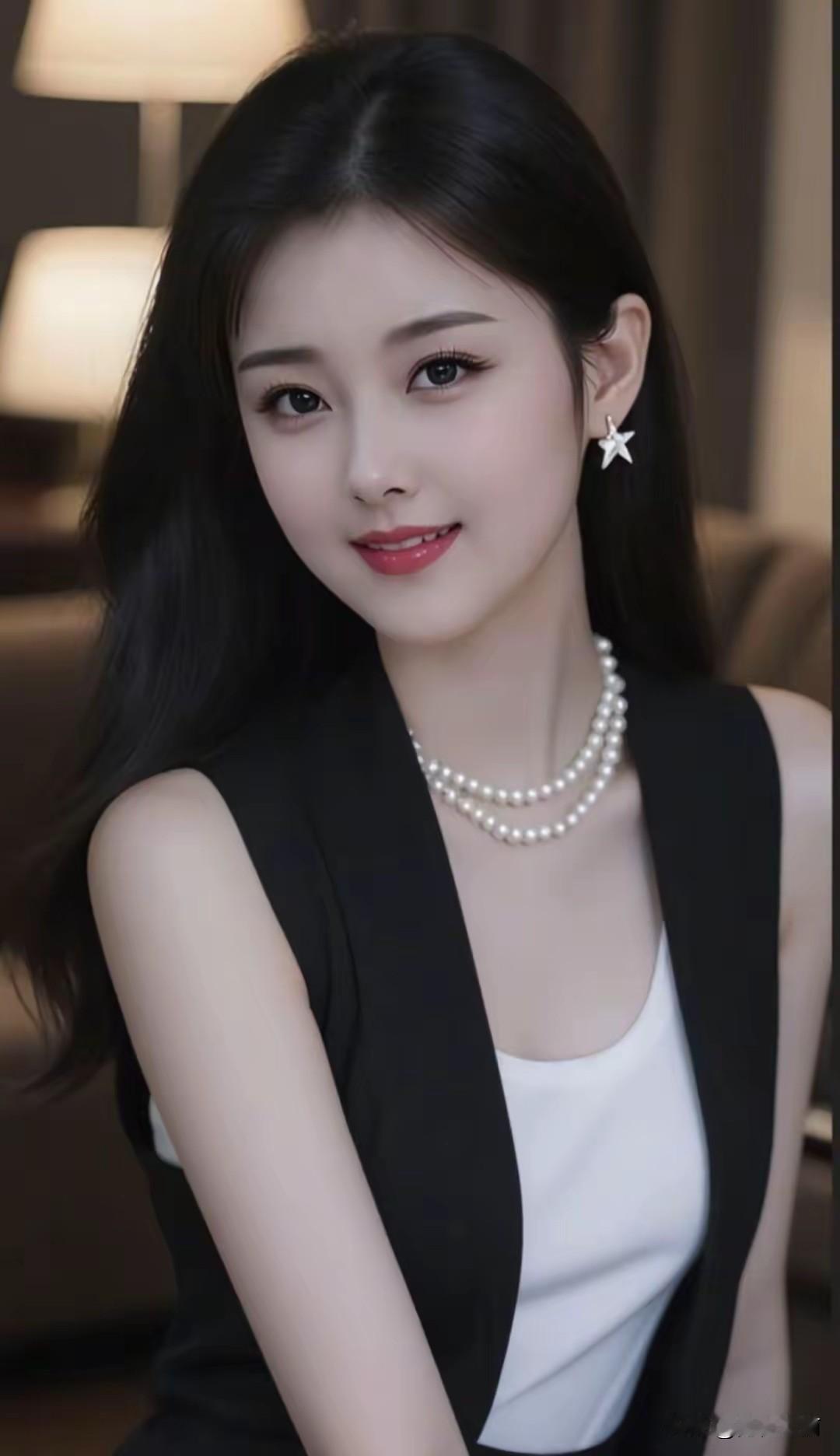 优雅黑发美人，珍珠项链闪耀，星形耳环点缀，黑白穿搭尽显时尚魅力。
