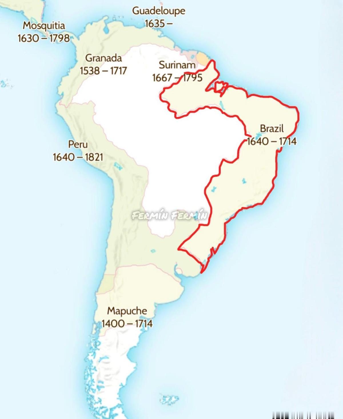 巴西曾比你家的后院还小。1640年，地图上的巴西只是个红圈。葡萄牙人窝在海岸