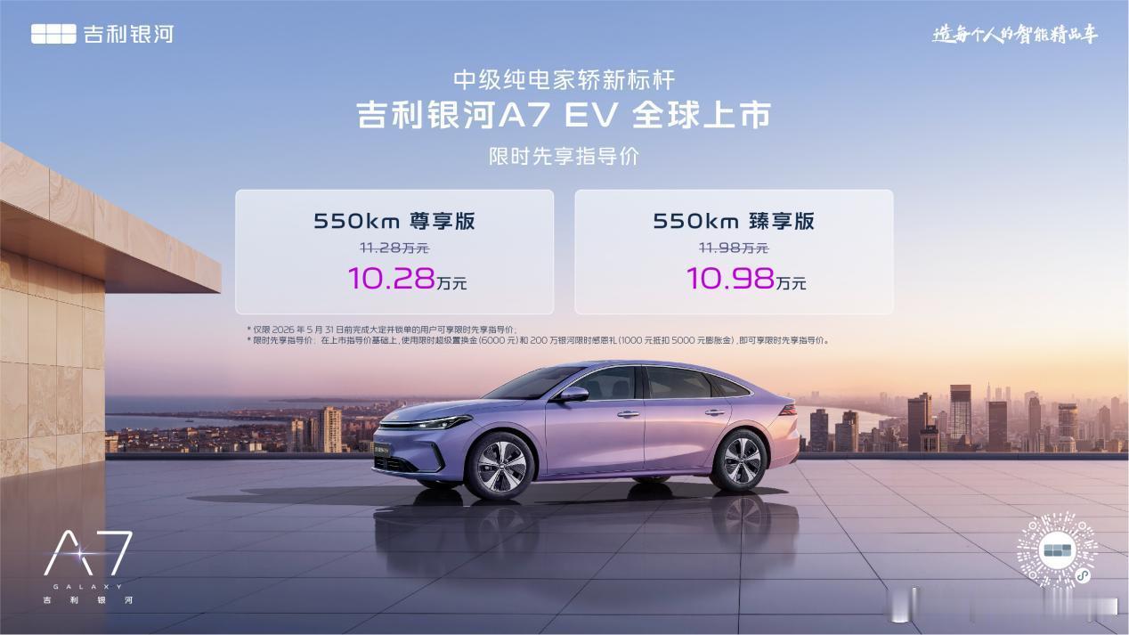 吉利银河A7EV全球上市550km纯电扎实续航每公里仅需6分钱限时先享指导价
