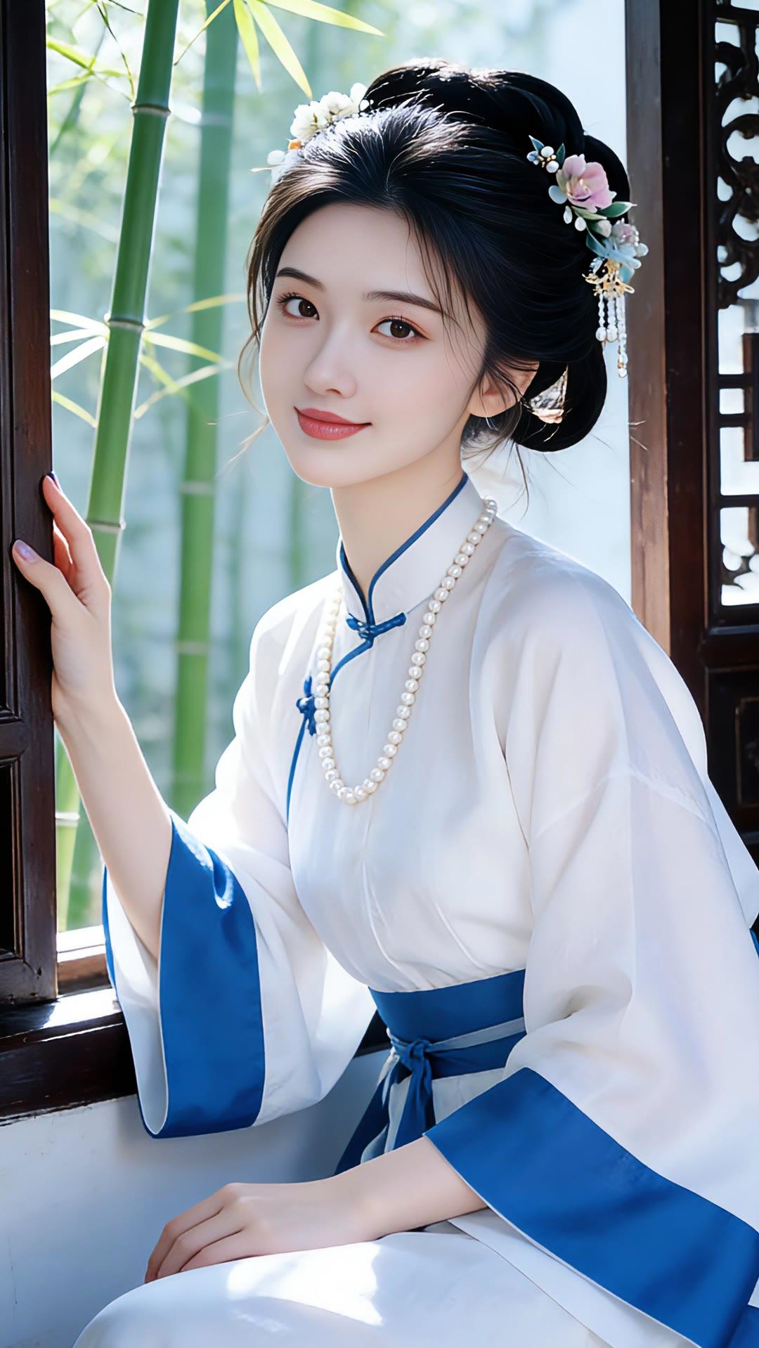 温婉古典，白衣蓝袖，花簪点缀，古风韵味十足。