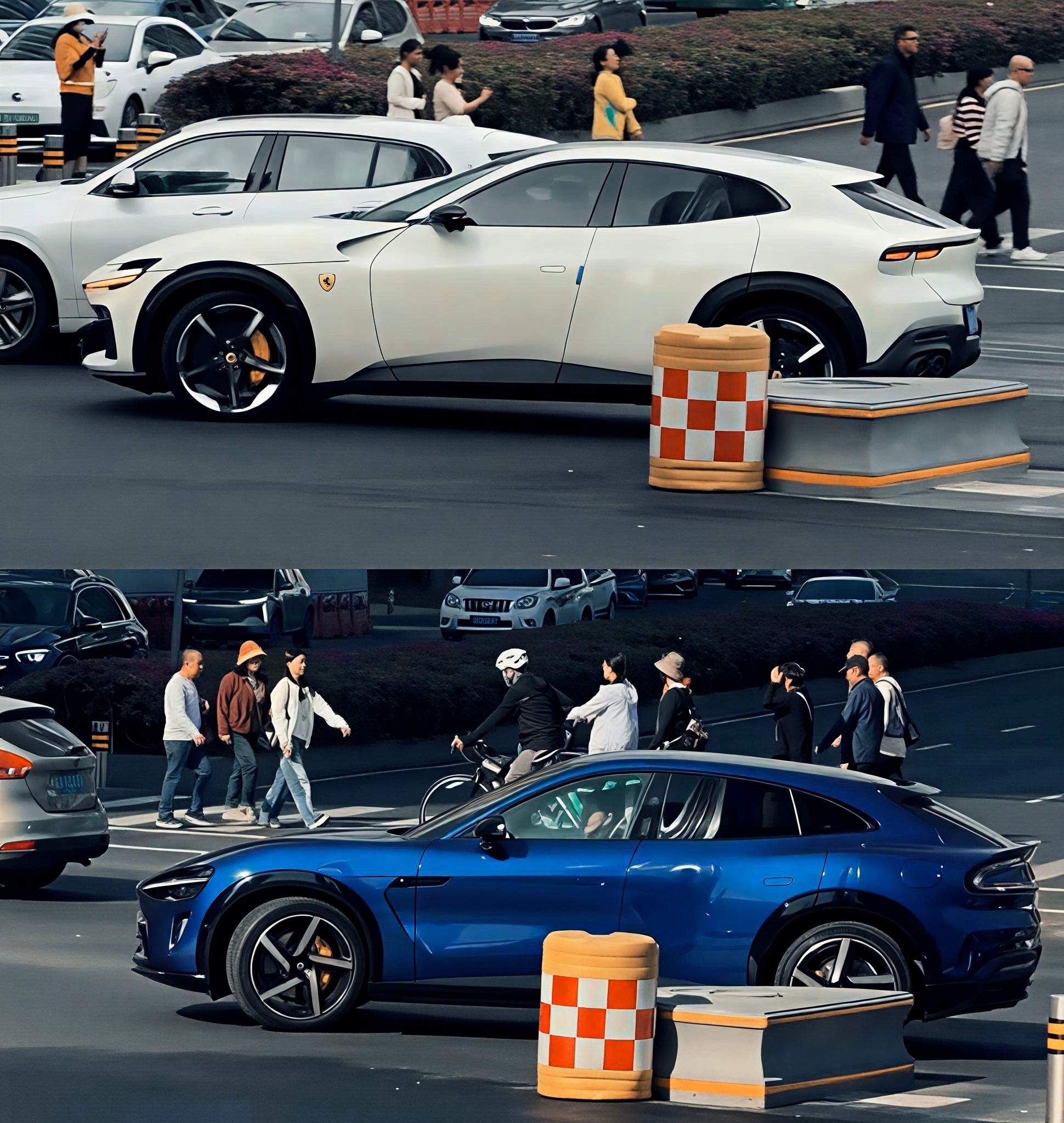 小米YU7和法拉利FUV，放在同一个机位和角度，可以看到流线型都是做到了极致，都