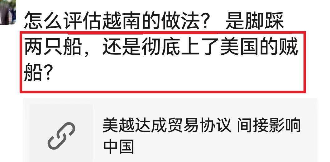 有个朋友这样问道：怎么评估越南的做法？“是脚踩两只船，还是彻底上了美国的贼船？”