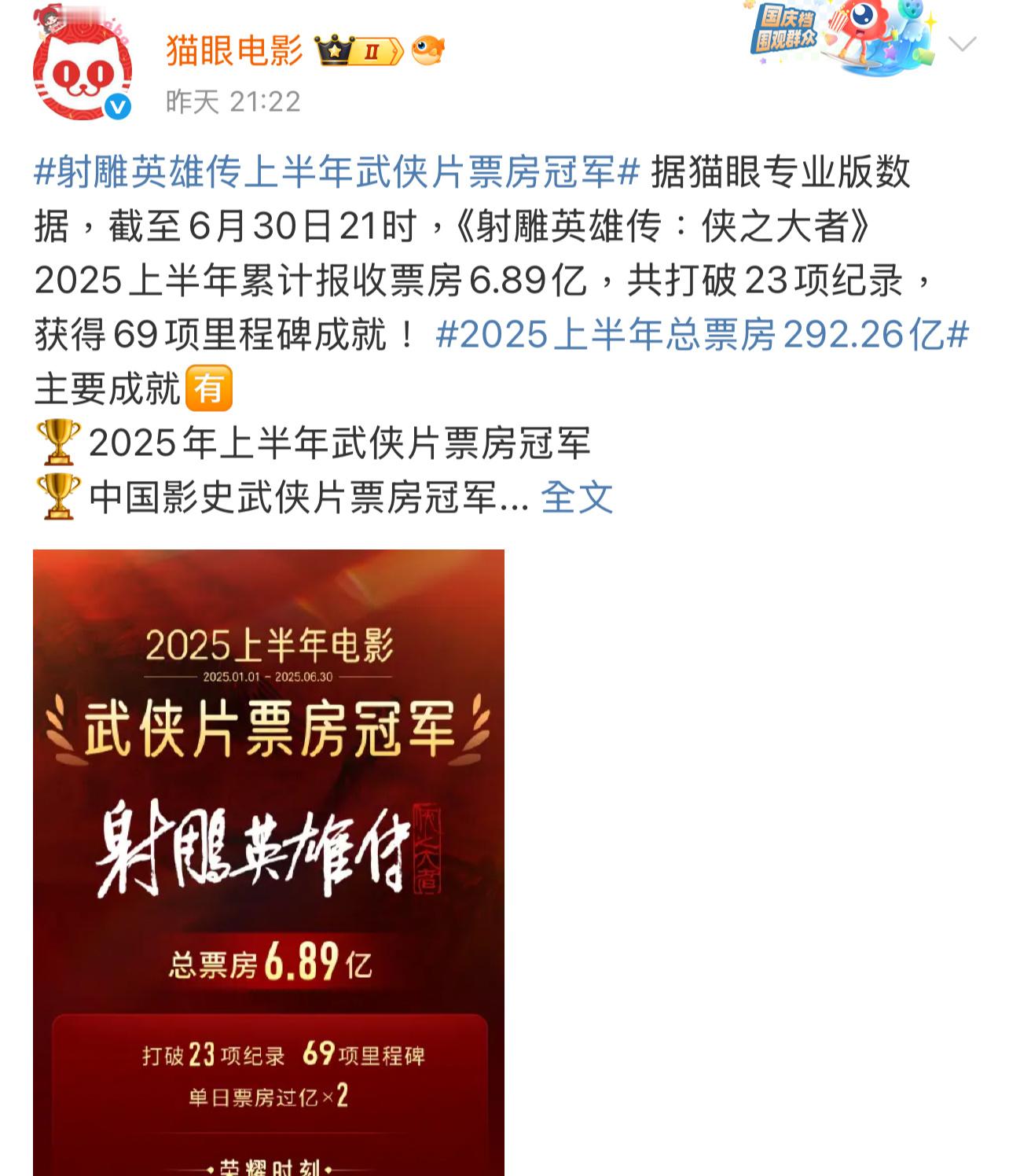 猫眼是从昨天到今天，把肖战今年目前的作品都统计了“上半年武侠片冠军、上半年热搜最
