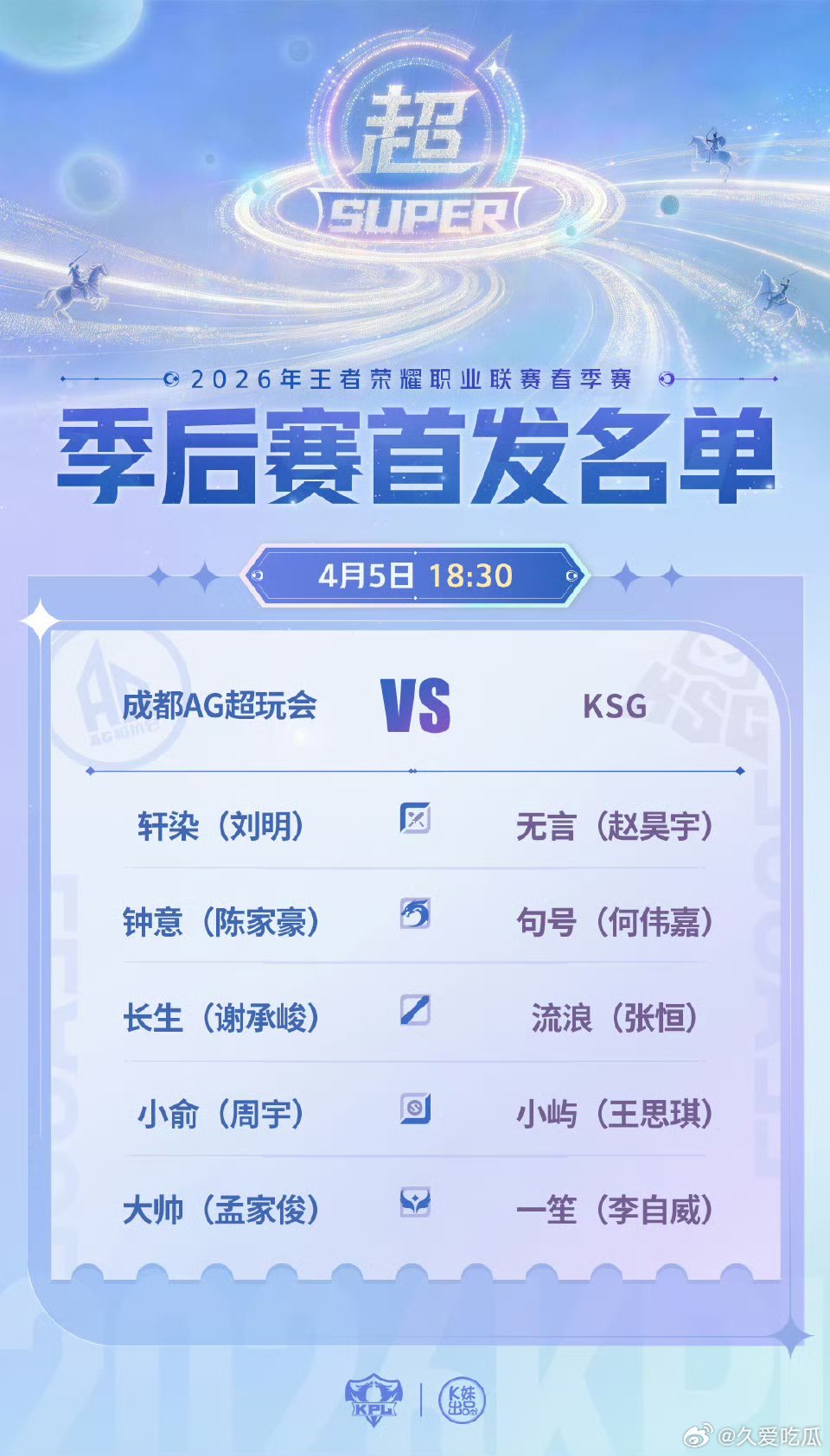 AG对战KSG｜首发名单解说席：一雪小胖黄超评论席:灵儿猪哼SK主持：