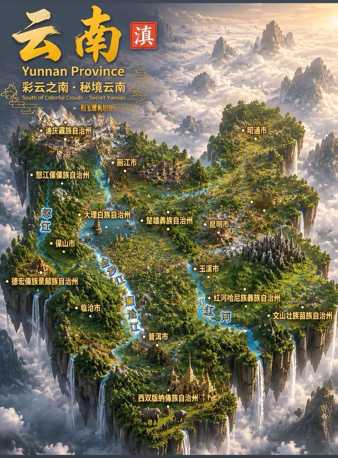 云南的地形真的是把“立体”两个字玩到了极致。整个地势西北高东南低，从北往南阶梯