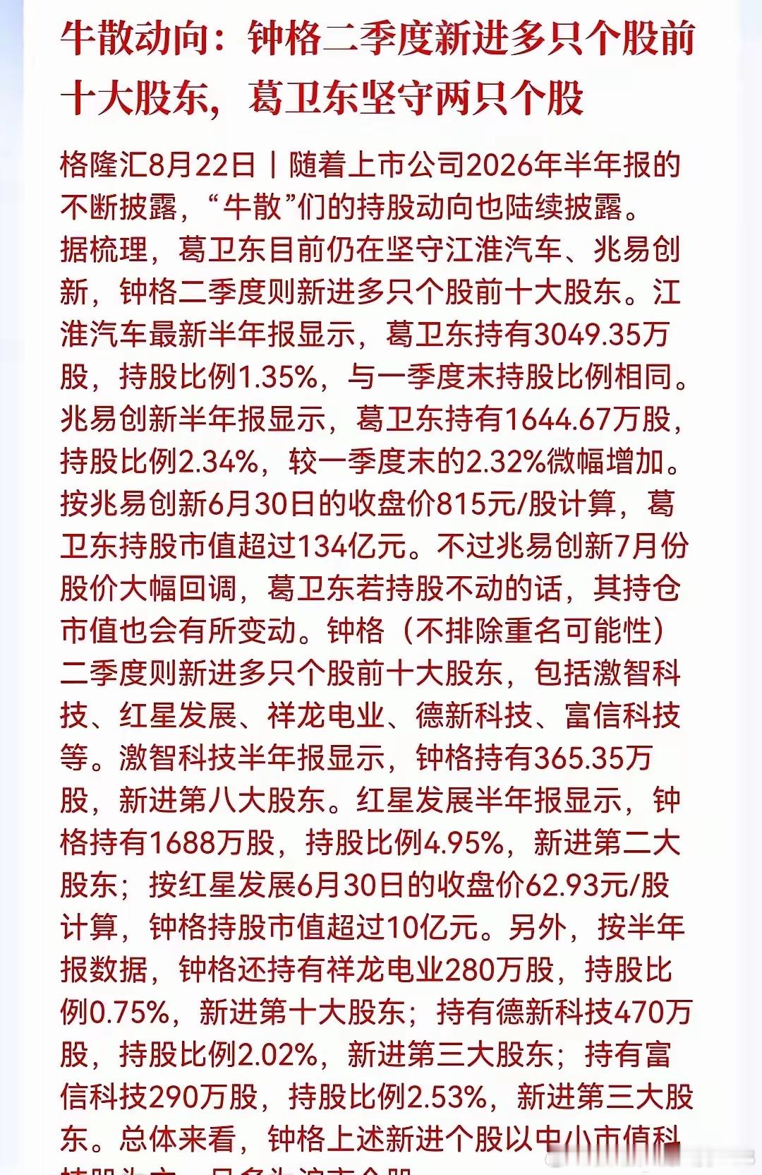 半年报揭开牛散底牌：葛卫东继续锁仓两大标的，钟格二季度多股新进布局中小市值赛道