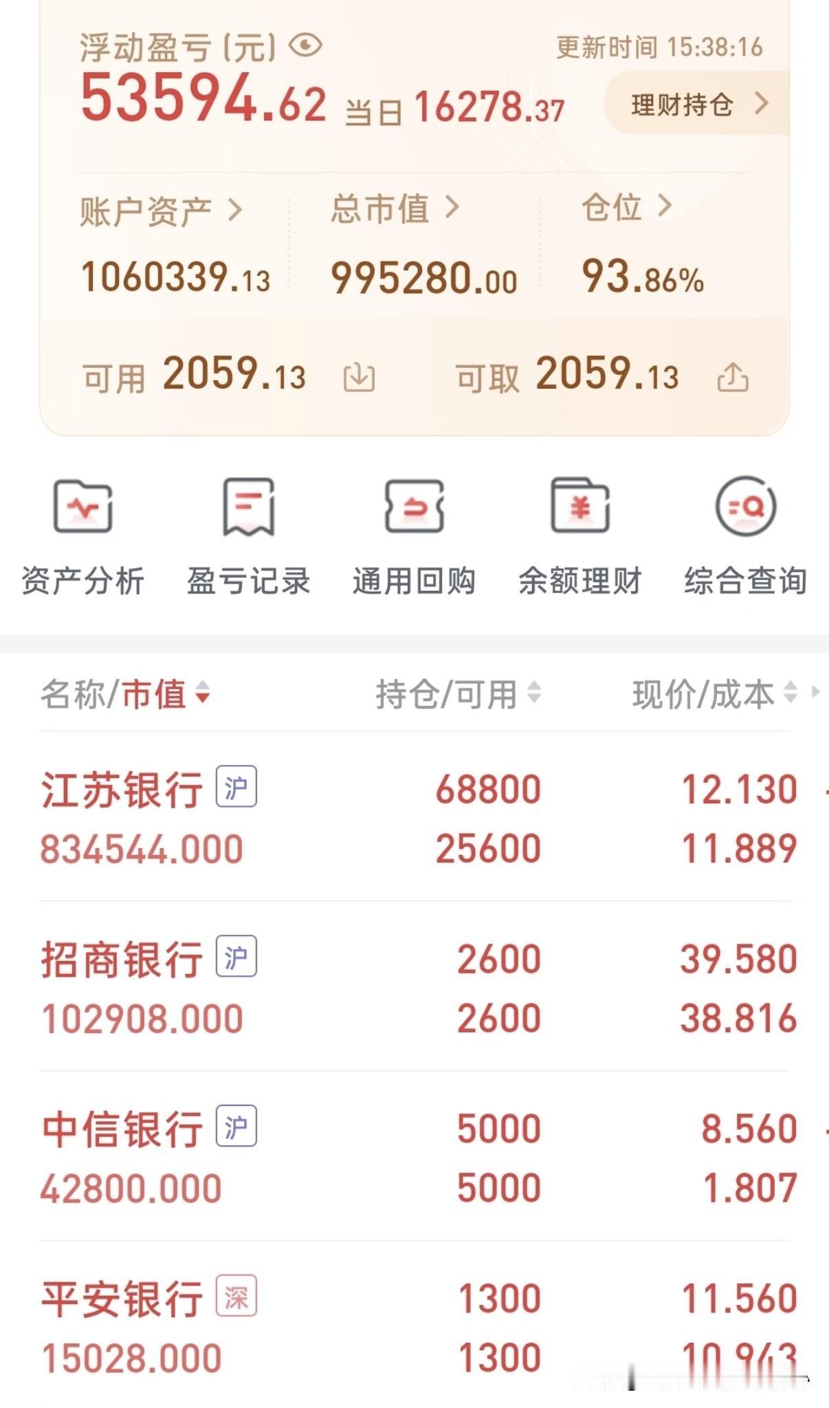 一网友晒出了106万满仓银行股的账户，专心攒股收息。其中，江苏银行68800股，