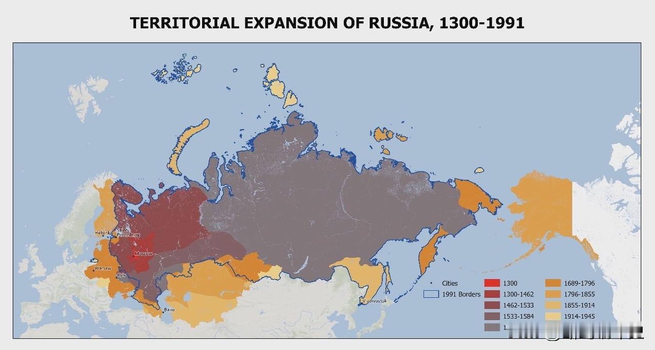 这张地图展示了1300年至1991年间俄罗斯的领土扩张过程。在超过六百年的时间里