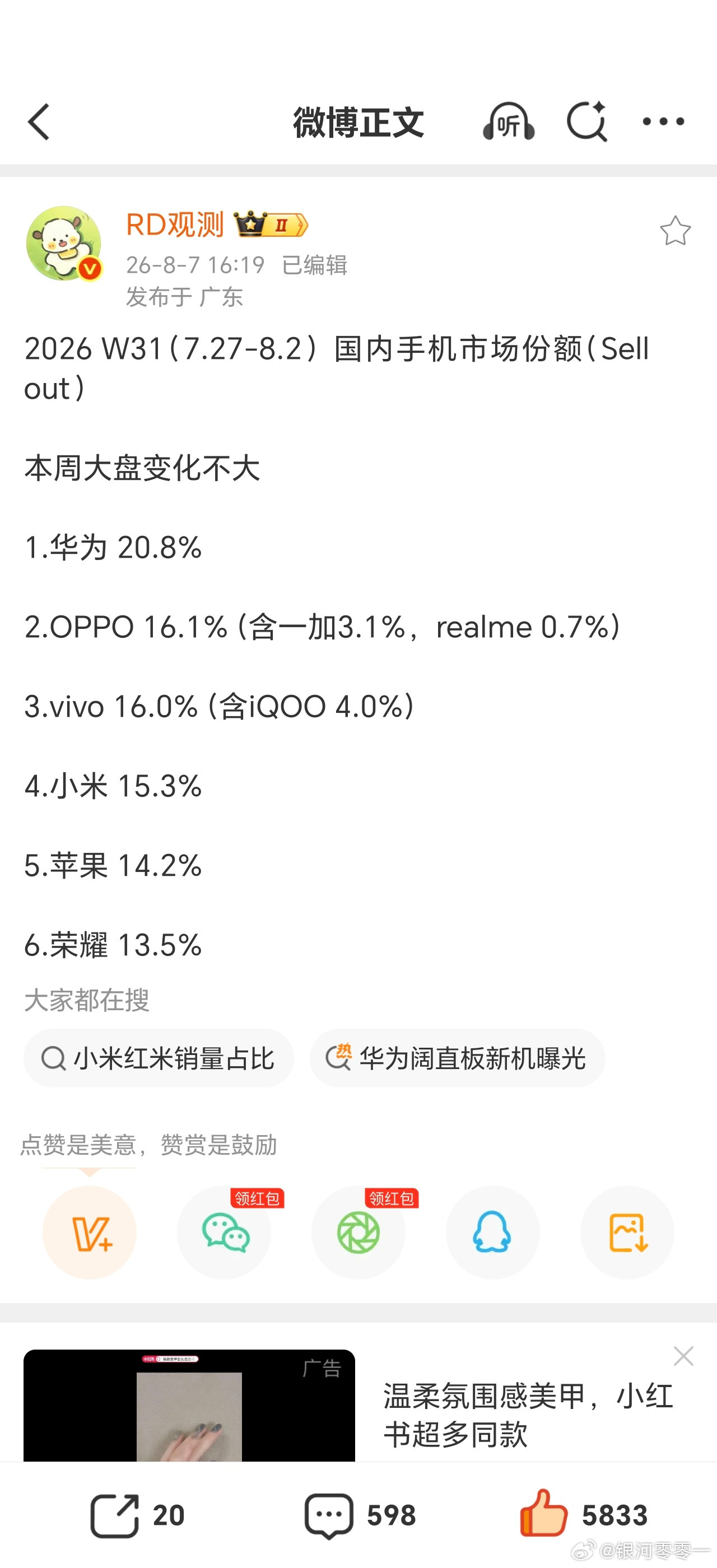 最新一周的激活量数据出来了，华为依然是断崖性领先的第一名。这就让一些人难以理解了