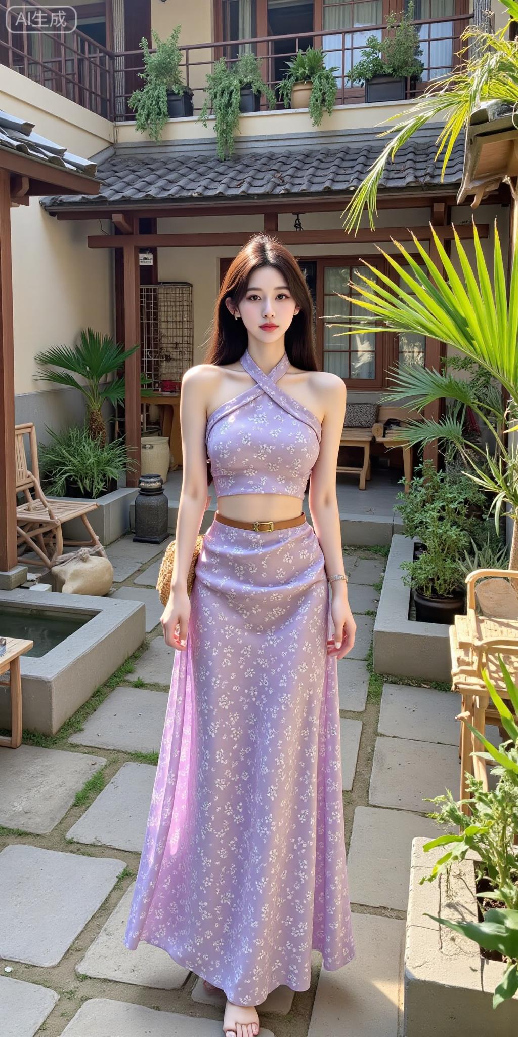 庭院仙系甜妹，淡紫挂脖套装，温柔纯欲氛围感拉满紫色挂脖裙淡紫色吊带裙淡紫吊带