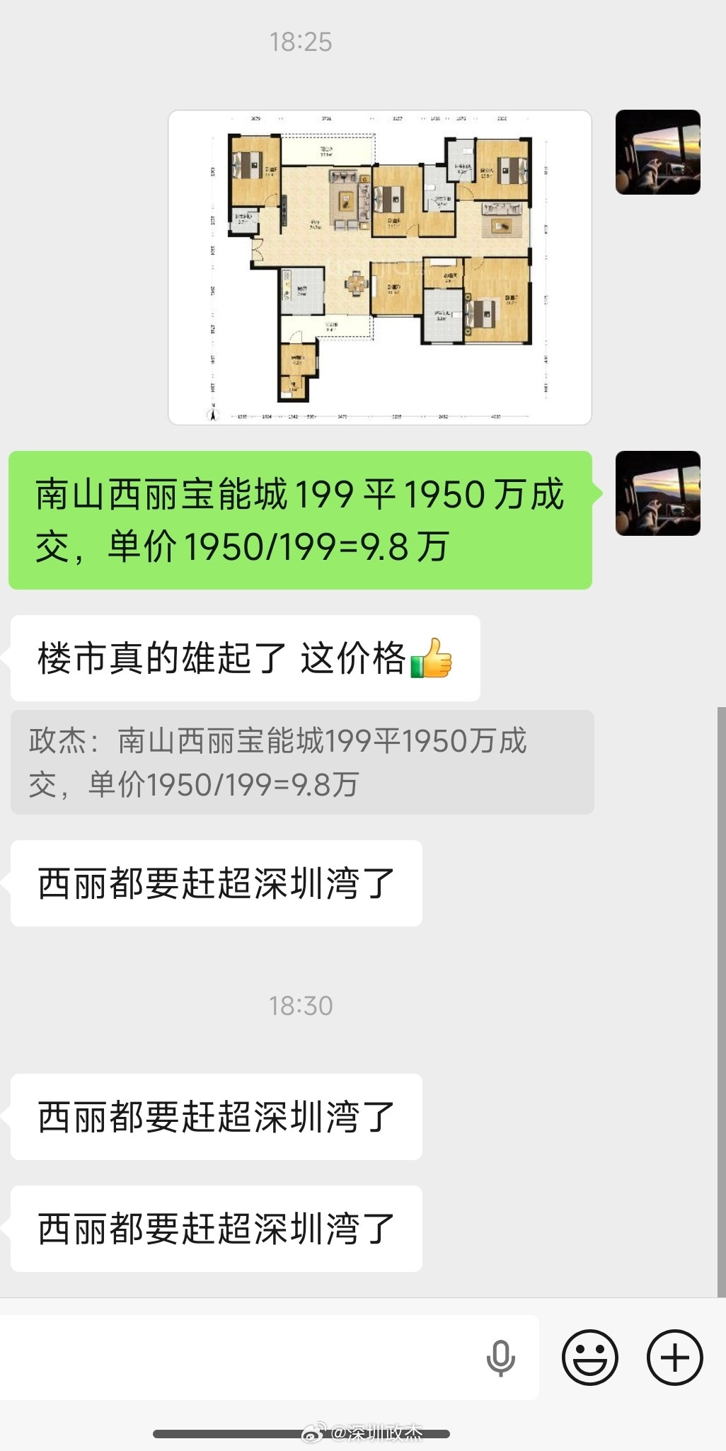 南山西丽宝能城199平1950万成交，单价1950/199=9.8万。看过这个户