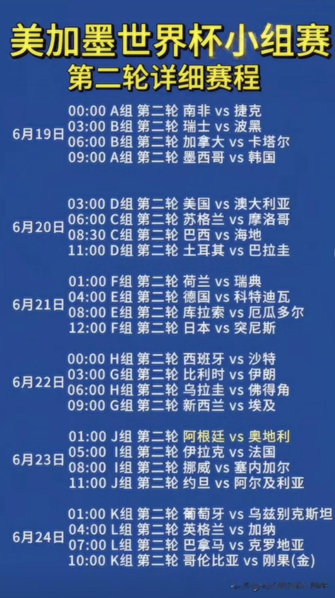 世界杯第2轮马上就开打了，场次与时间，有需要的伙伴可以收藏。