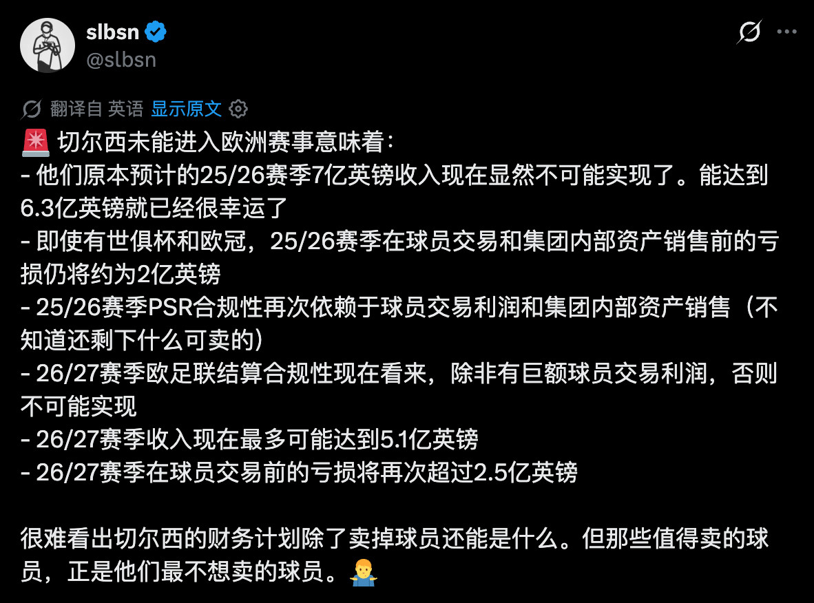 这是一个博主的测算，切尔西下赛季首先要填2亿-2.5亿的窟窿前情提要，我说过下赛