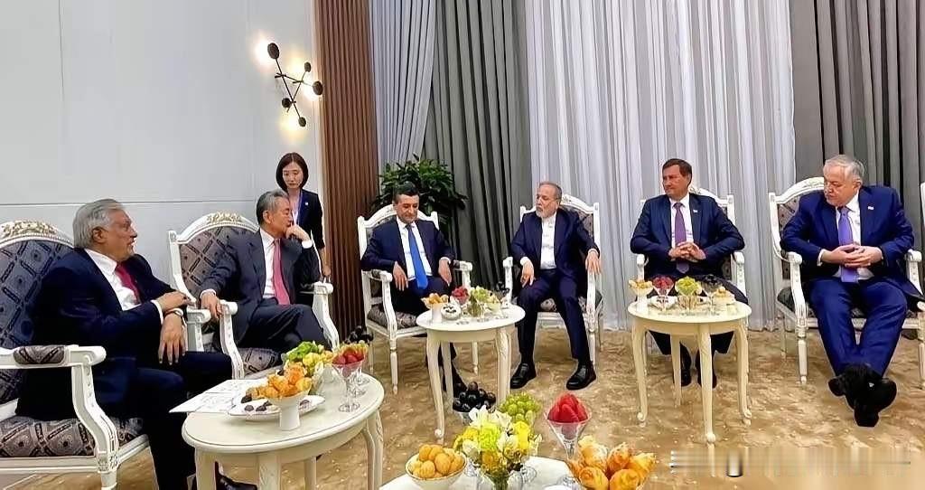 上合组织会议上的一幕，中国、伊朗、巴基斯坦等国外长茶叙。这张照片有意思。几个