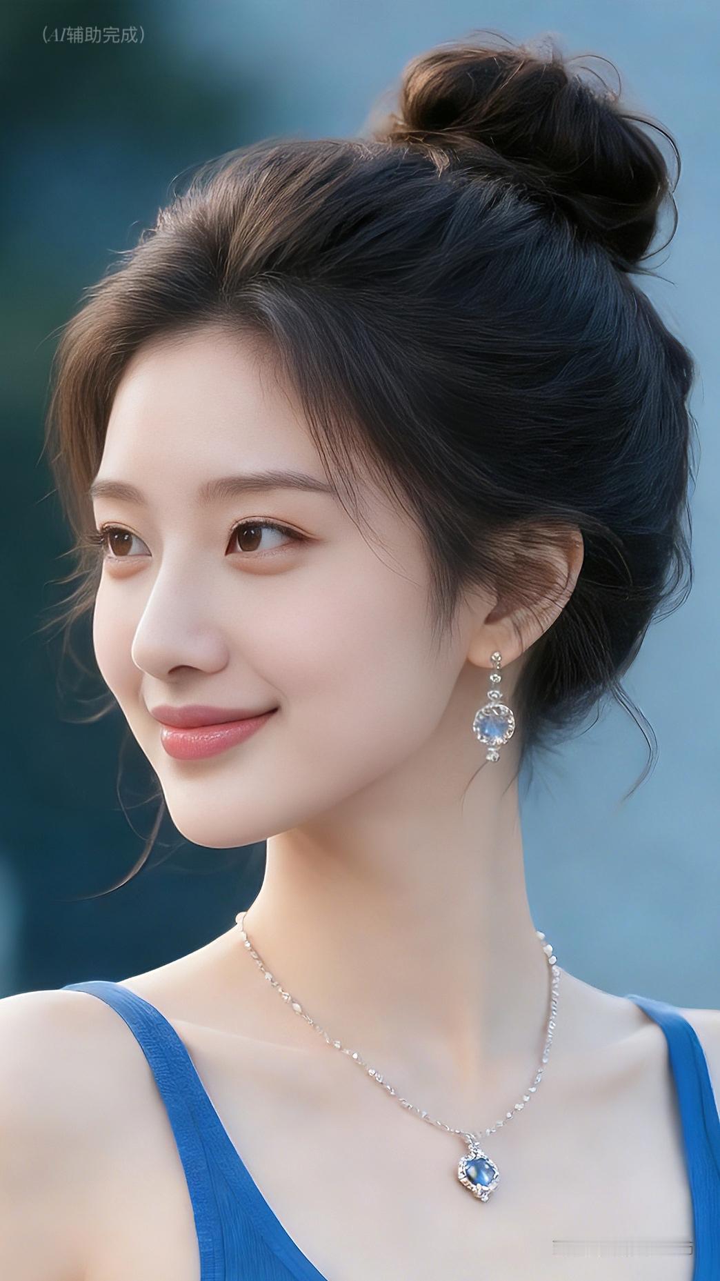 乌发高挽盘如云，碎发轻扬添柔韵。蓝吊带衬雪肌，蓝宝珠链耳饰耀。眉眼含笑眸藏星，蓝