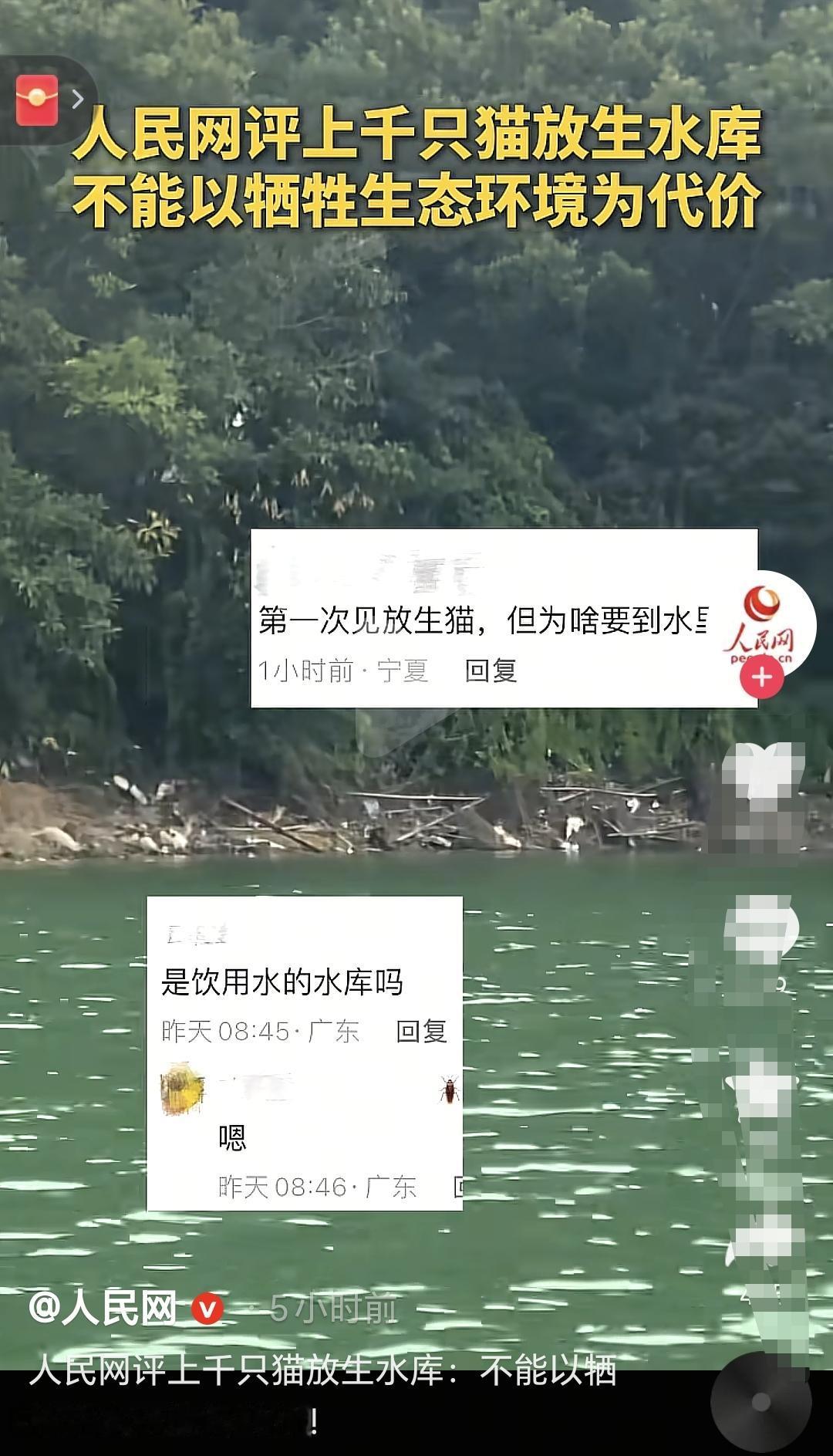 真是无语他妈给无语开门这么多猫猫被丢进水库里，还是饮用水的水库，这些所谓的放生