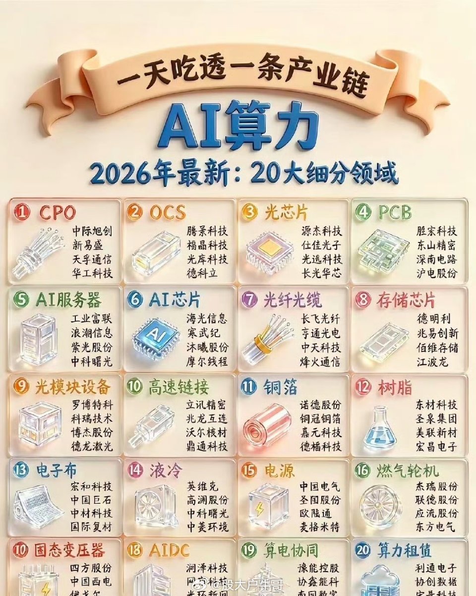 A股AI算力产业链，从上游CPO、光模块、光芯片，到中游AI服务器、AI芯片、P