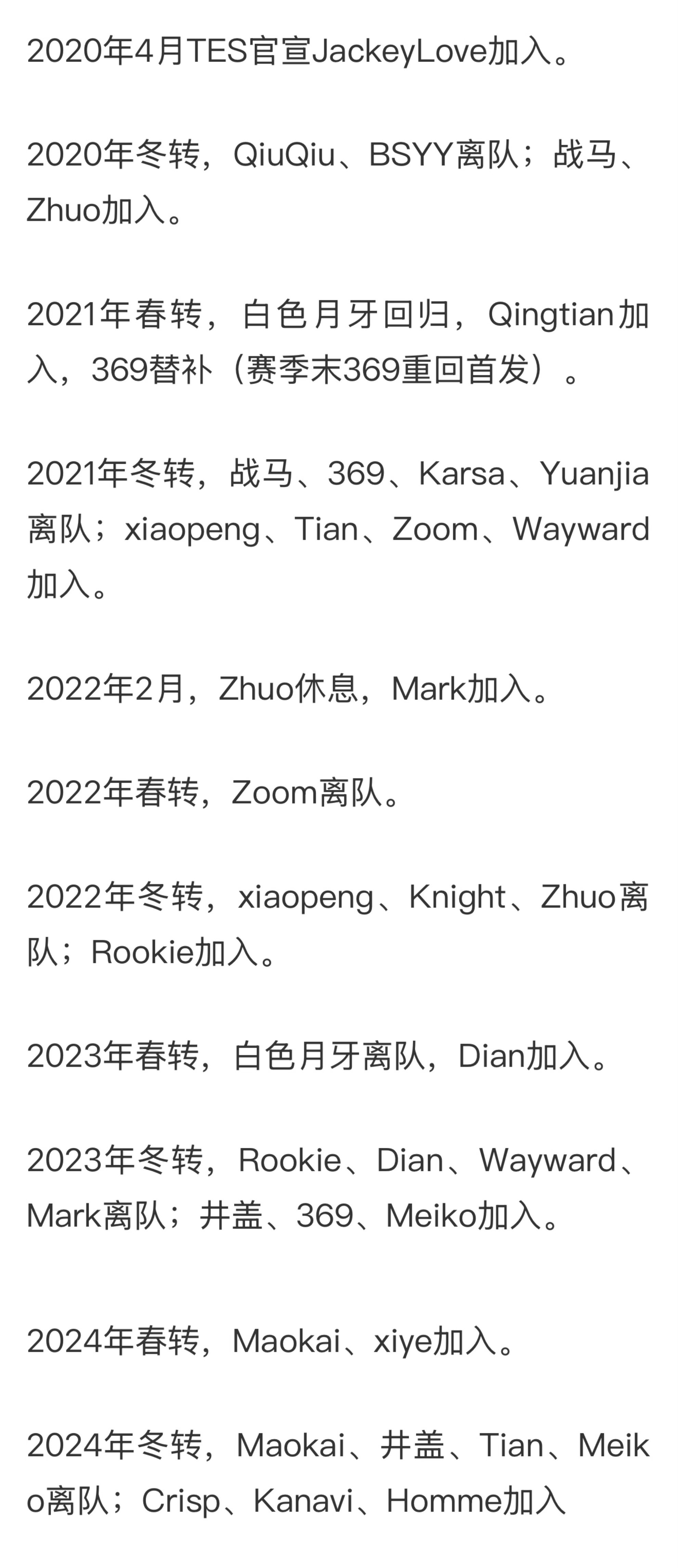 自JackeyLove2020年加入TES后，除了AD各位置经历了二十多名的选