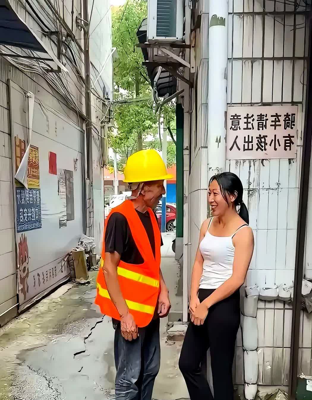 下班后的农民工，在街道小巷里与一位穿着时尚的女子攀谈起来。不知他们聊的是
