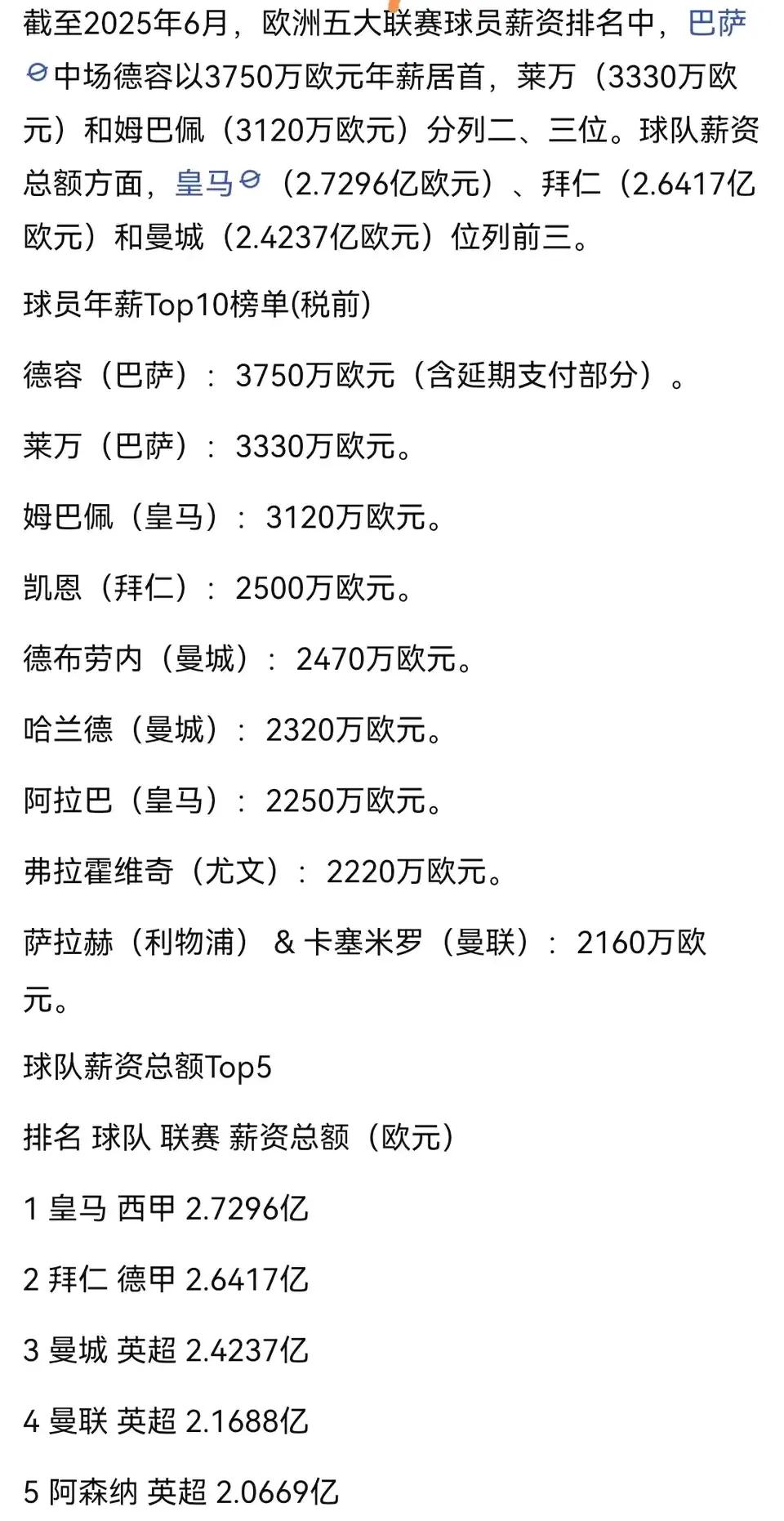 知道皇马和巴萨为什么不买人吗？因为两大豪门薪水给太多，拖累球队。这是五大联赛