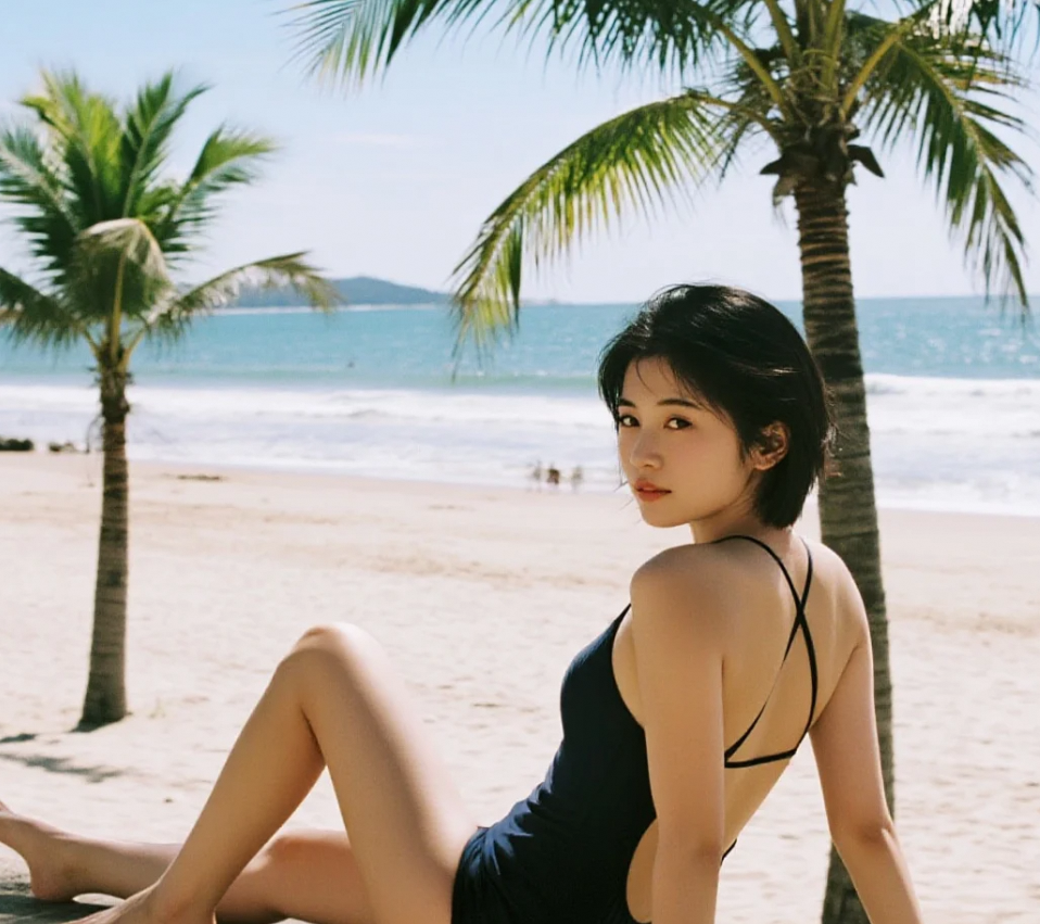海风轻拂脸庞，沙滩美人更动人