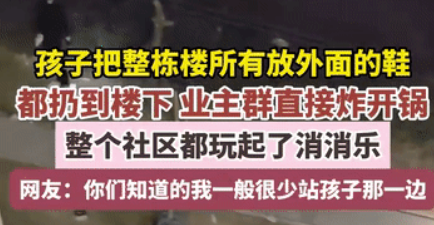 不知道是哪些熊孩子，把整栋楼业主放门外臭烘烘的鞋都给扔到了楼下，导致业主出门或者