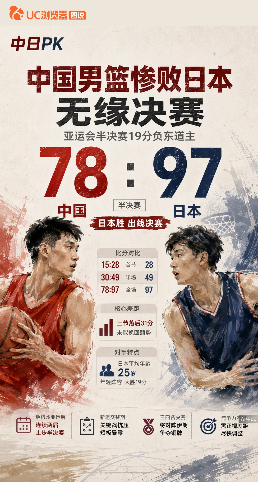 亚运男篮半决赛78-97负日本，连续两届无缘决赛。首节落后13分、三节挖坑31分，对手平均年龄仅25