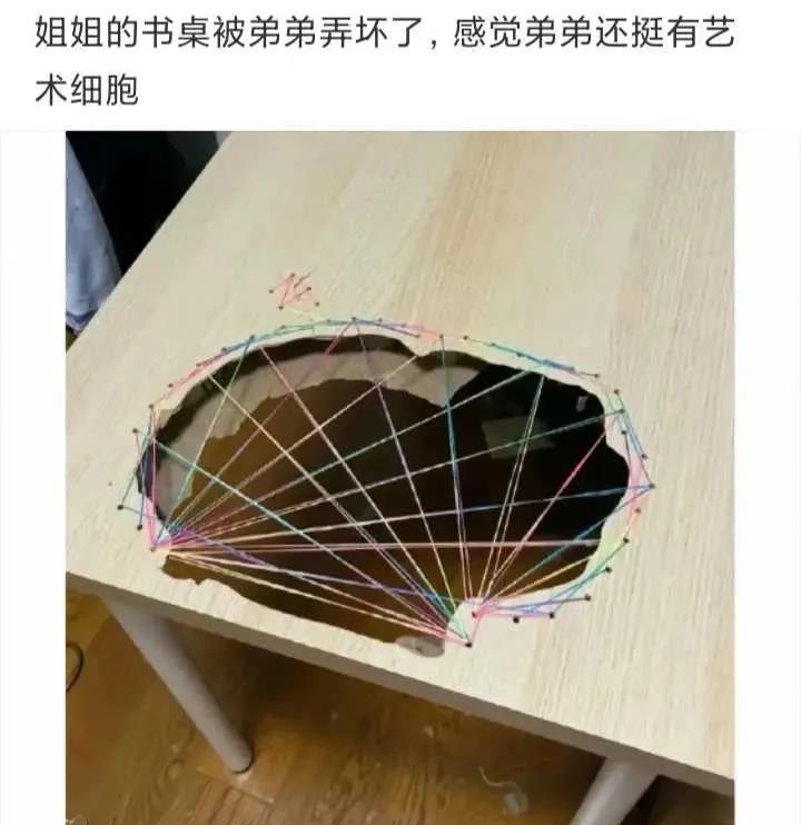姐姐的书桌背弟弟弄坏了，感觉弟弟还挺有艺术细胞