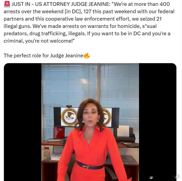 美国检察官、法官珍妮·皮罗：“在华盛顿特区仅一个周末我们就逮捕了超过400人，本
