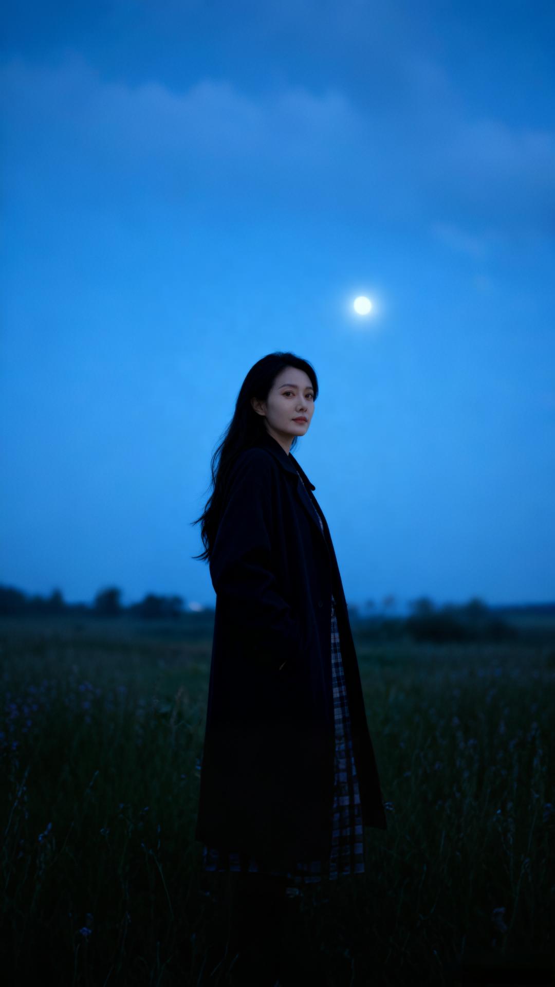 🌙月光为幕，风作伴，我立在星河边缘——长发掠过夜的裙摆，黑衣裁就孤高的轮廓，