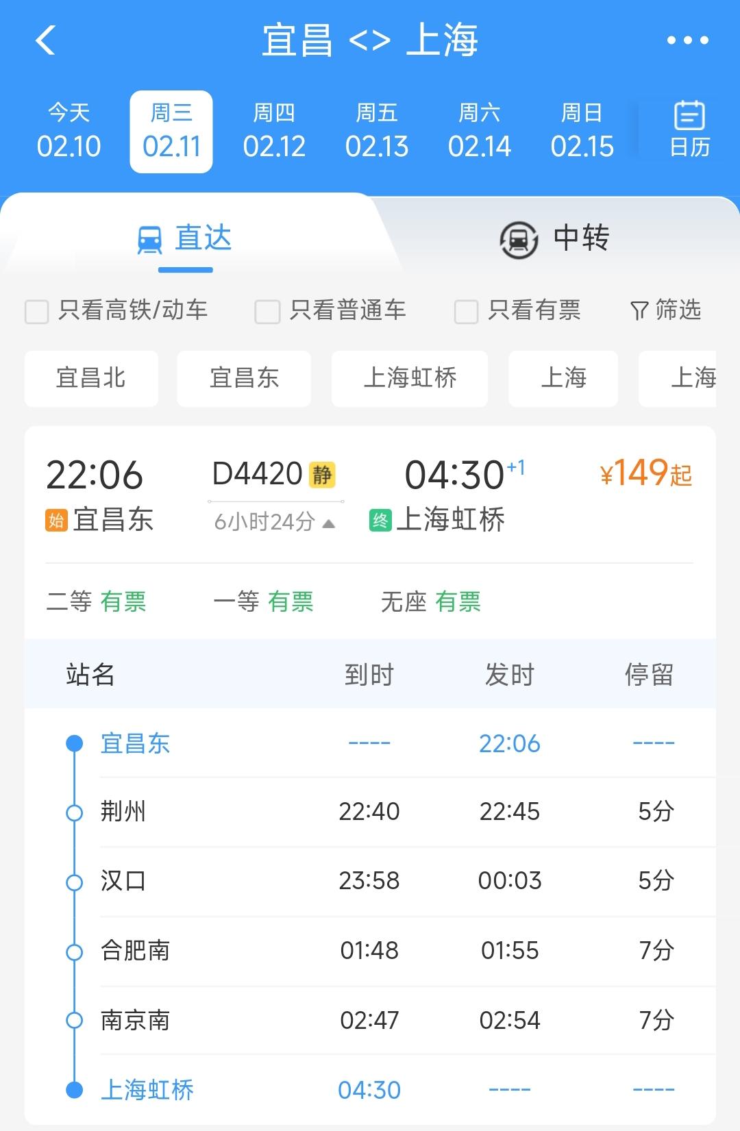 还是要恭喜宜昌。平时坐高铁到上海大约需要500多元钱，从11号开始大家乘坐D44