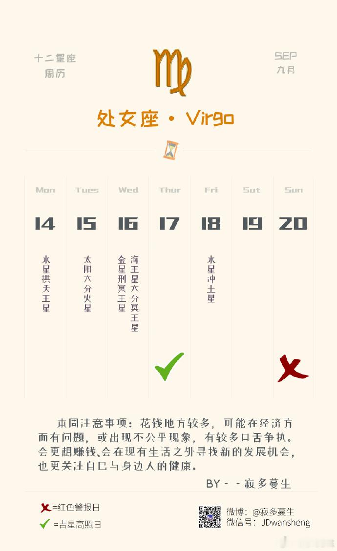 处女座本周运势（09.14-09.20）参考太阳和上升星座整体运势：★★★★感情