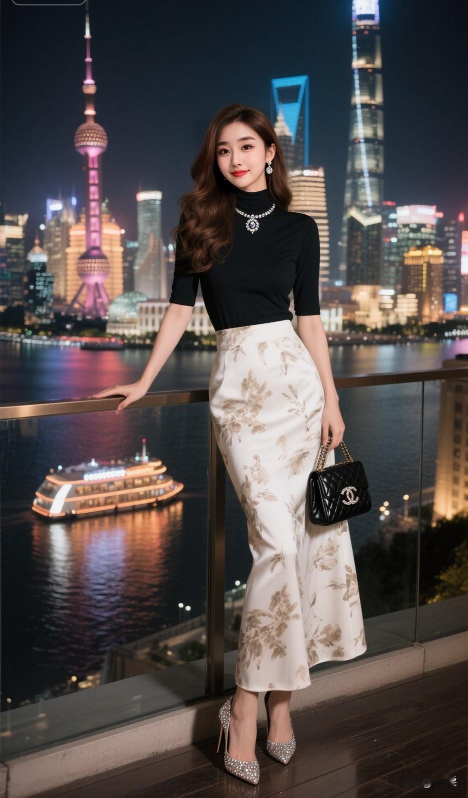 ✨好看又舒适的穿搭，海上夜景下，这身穿搭美炸！黑色高领中袖上衣，简约又显瘦，搭