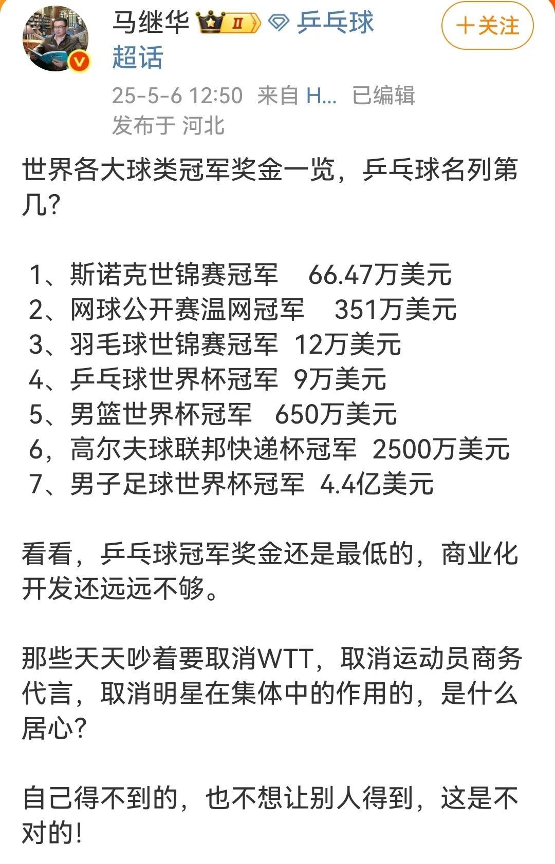 看看跟其他冠军比起来，乒乓球冠军拿的奖金是在什么位置。莎莎这是挨着最多的骂，挣